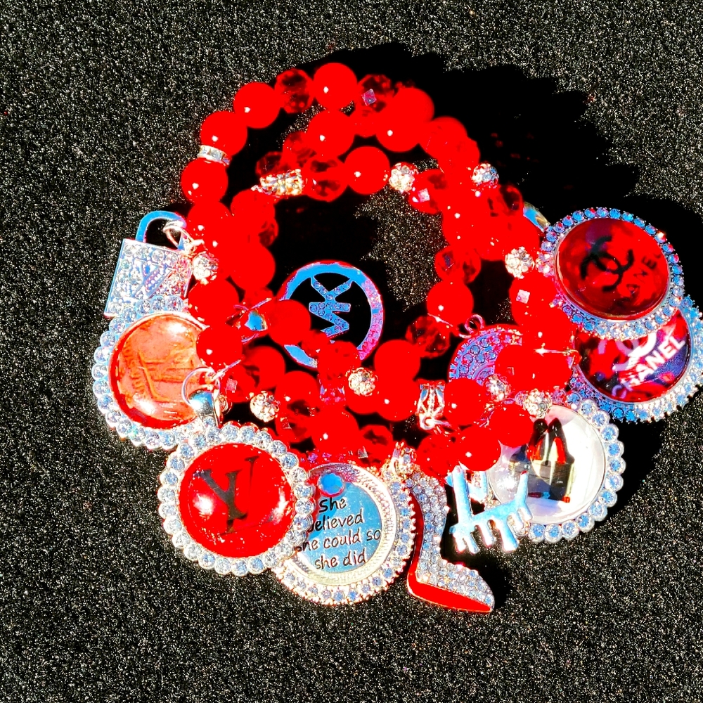 Red beaded bracelet stack
